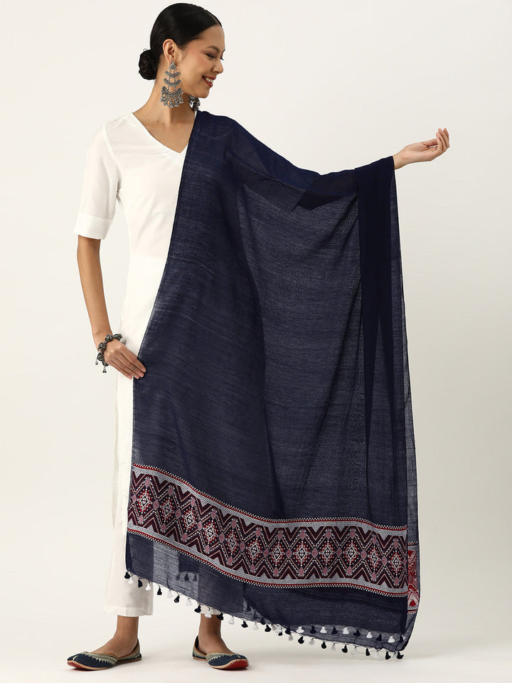 Navy,Red & White Assamese Silk Cotton Dupatta with tassels | SHOBITAM