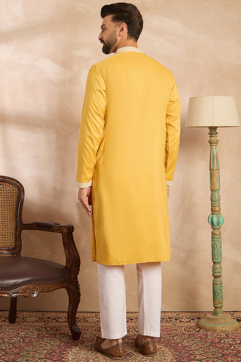 Yellow Silk Blend Embroidered Mandarin Collar Straight Kurta | SHOBITAM