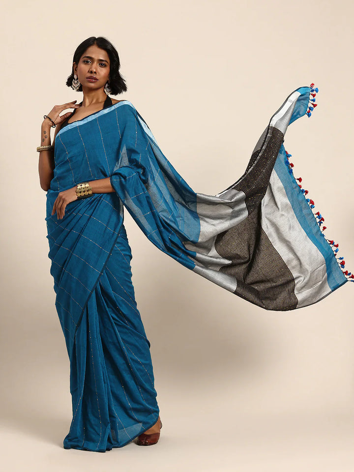 Blue Handloom Sequins Cotton Handloom Saree