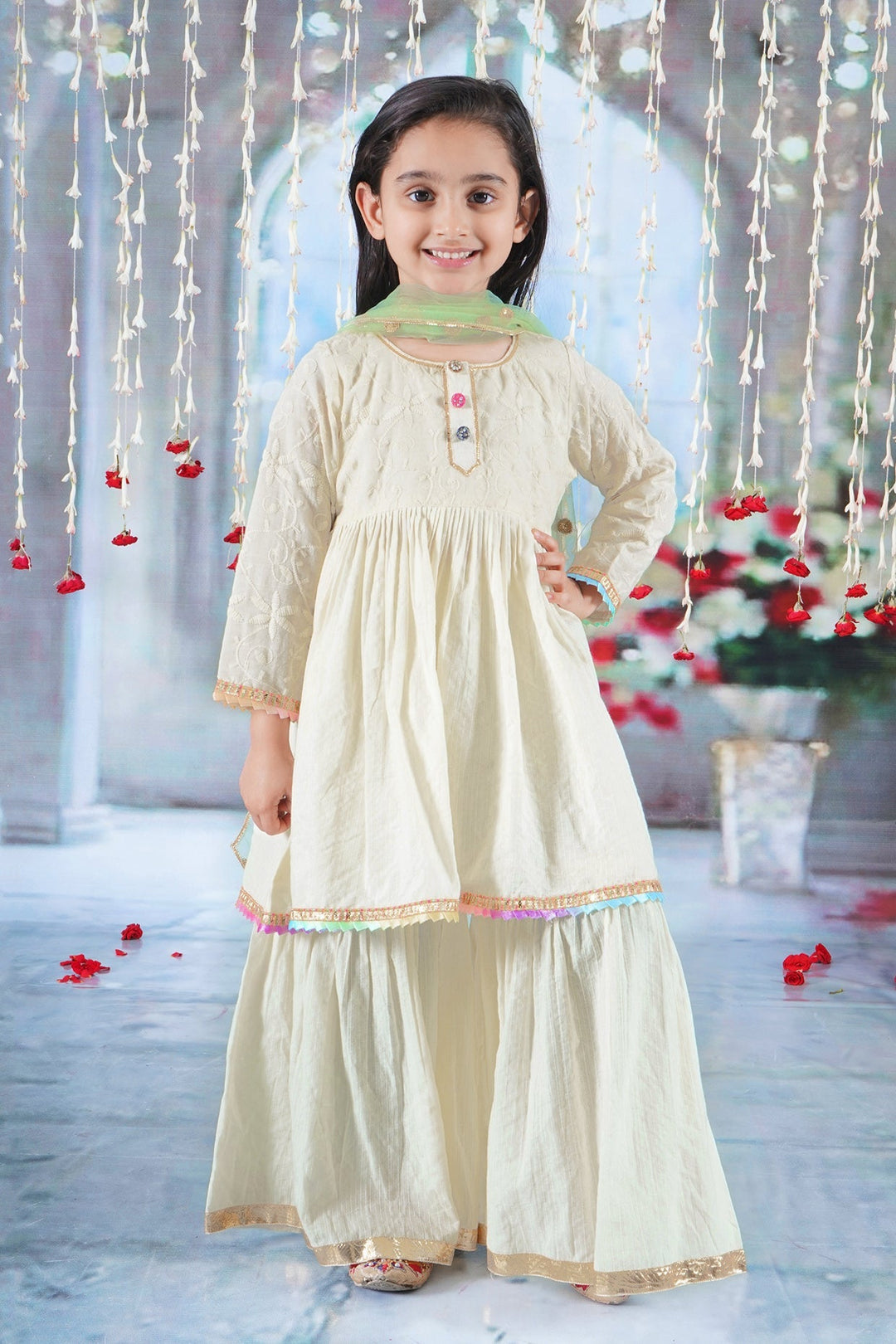 Girls Cotton Three Fourth Sleeves Kurta Sharara and Dupatta with Floral Embroidery, Kantha and Lace work with Rajasthani Lac Buttons - Seashell Cream| SHOBITAM