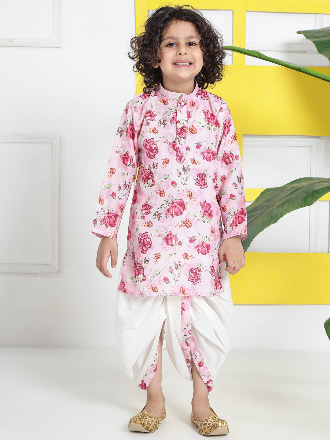 Blush Pink Rose Muslin Kurta with Cotton Dhoti | SHOBITAM