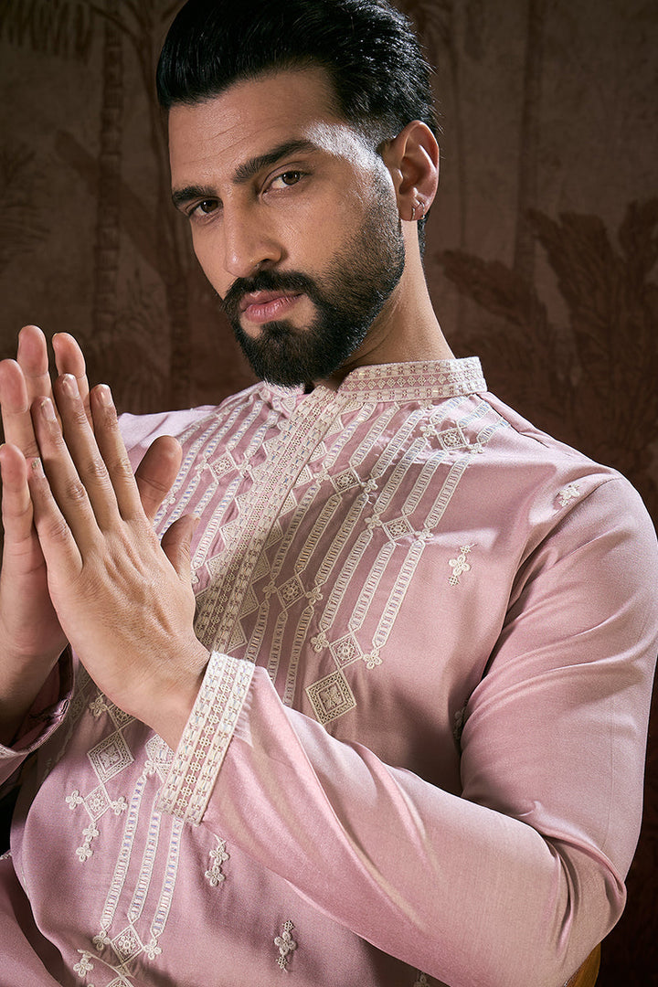 Pink Silk Blend Solid Embroidered Straight Kurta | SHOBITAM