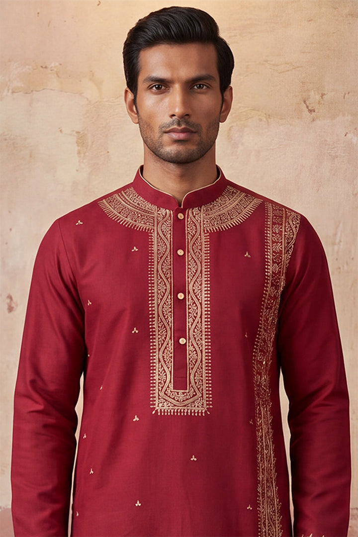 Mens Red Silk Blend Solid Emboidered Straight Kurta With Trouser | SHOBITAM