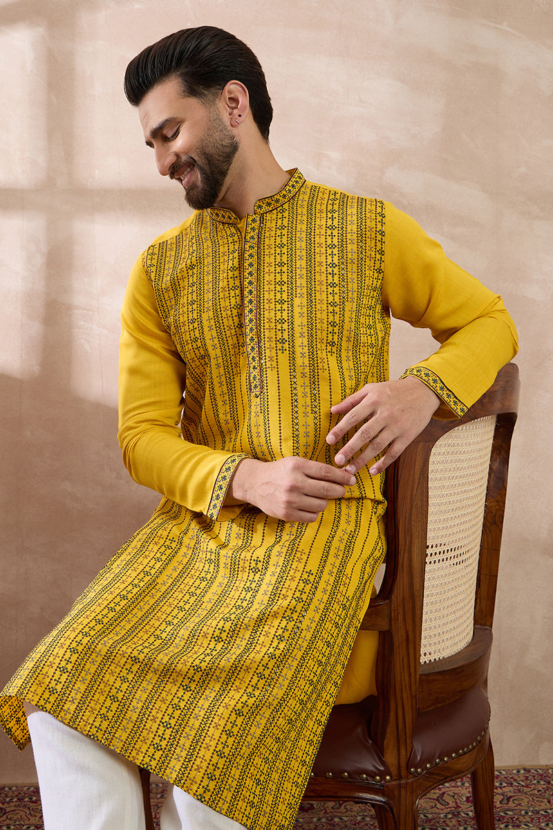 Yellow Silk Blend Embroidered Mandarin Collar Straight Kurta For Men | SHOBITAM