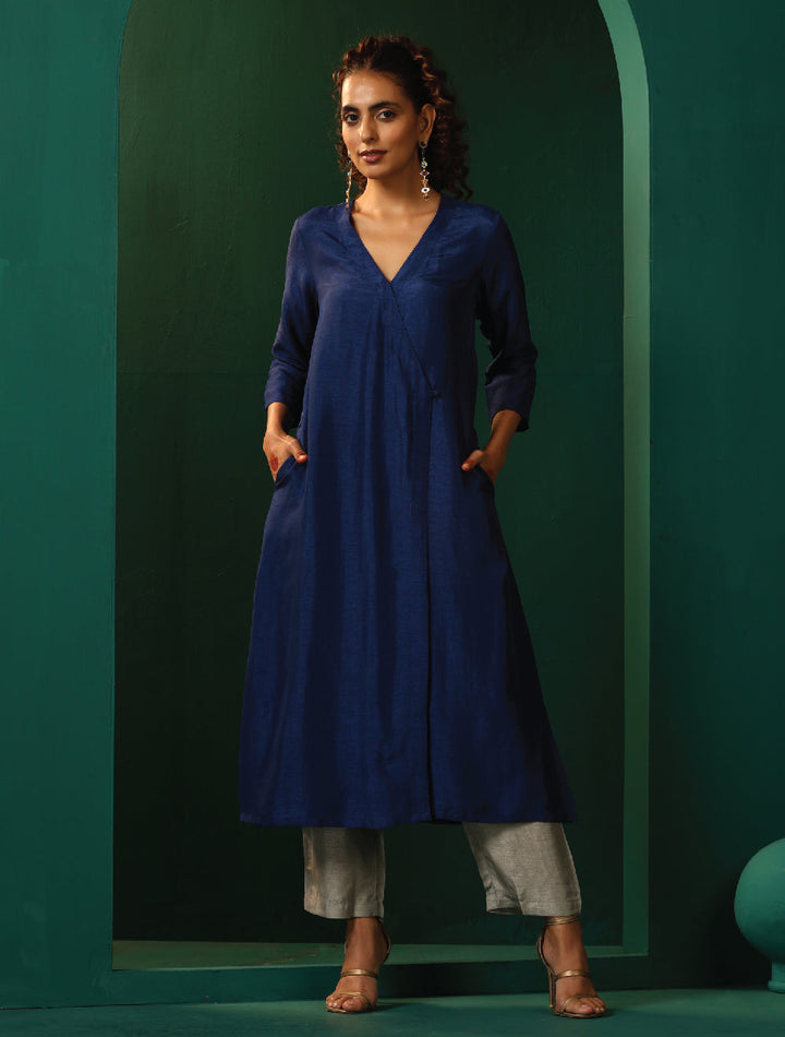Blue Silk Angrakha Kurta Pant Set  | SHOBITAM