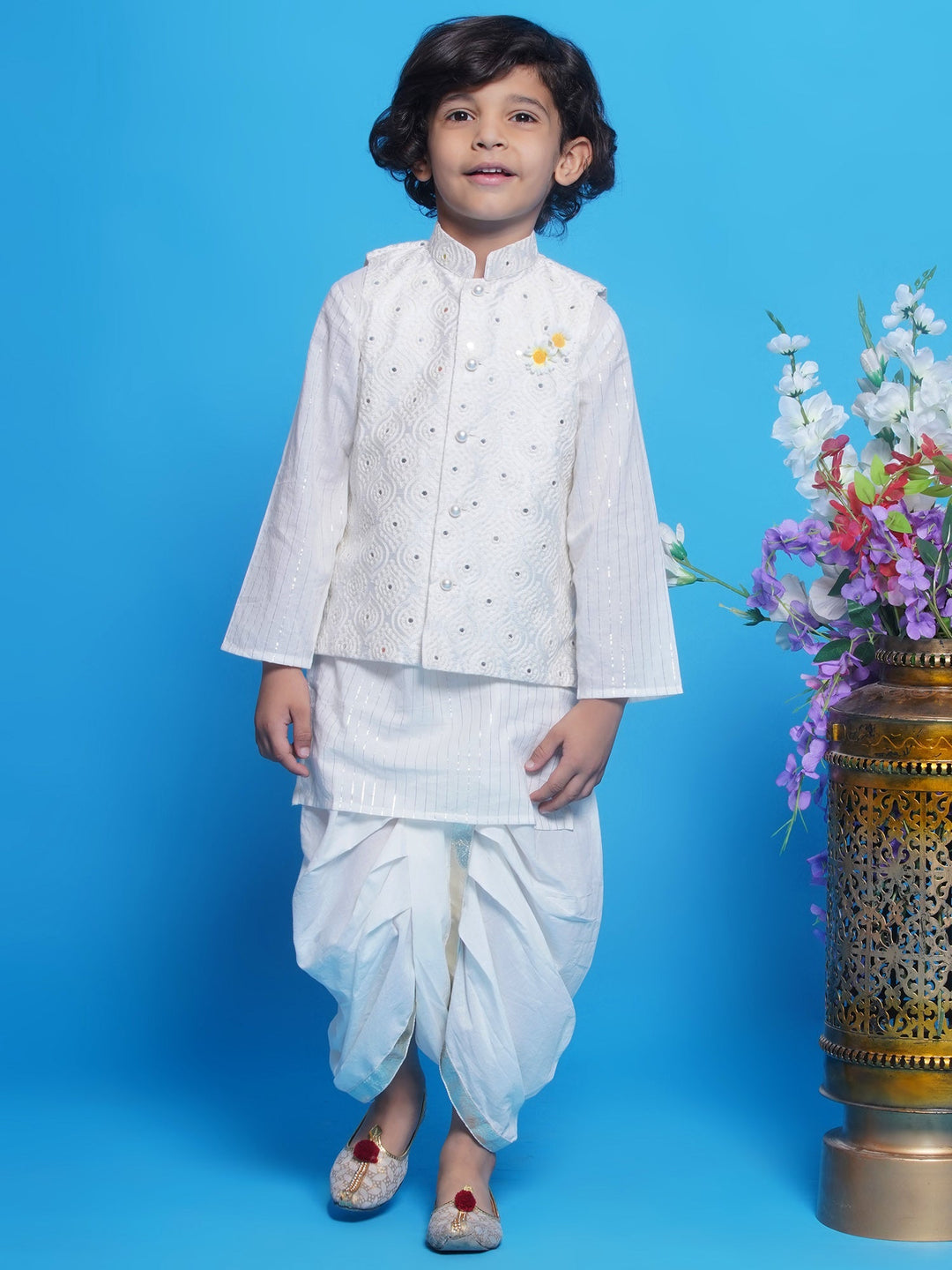 Cream Embroidered Nehru Jacket Set | SHOBITAM