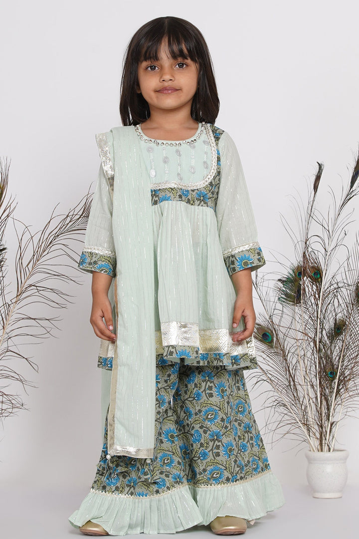 Girls Zardosi Work Kurta Frock with Plazzo and Striped Dupatta  | SHOBITAM