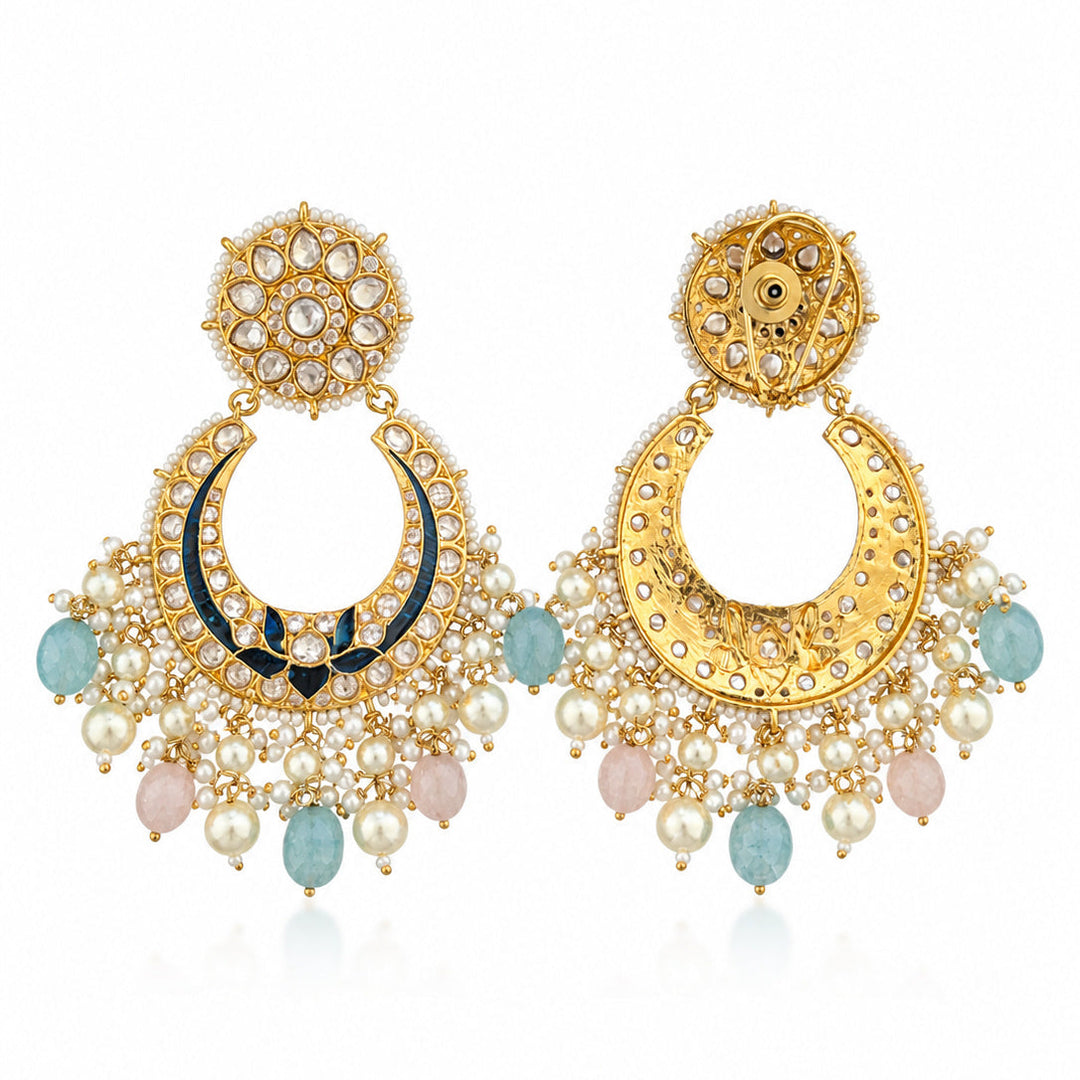 Kundan Chandbali Earrings with Navy Blue Meenakari & Turquoise Pearl Drops | SHOBITAM