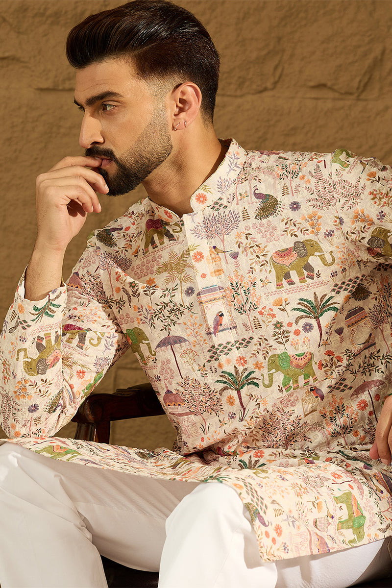 Cream Viscose Rayon Ethnic Motifs Printed Straight Kurta | SHOBITAM