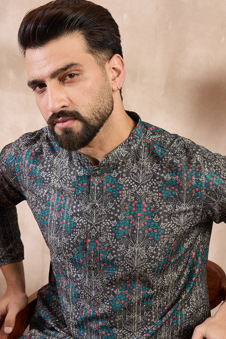 Black Silk Blend Floral Printed Straight Kurta For Men | SHOBITAM