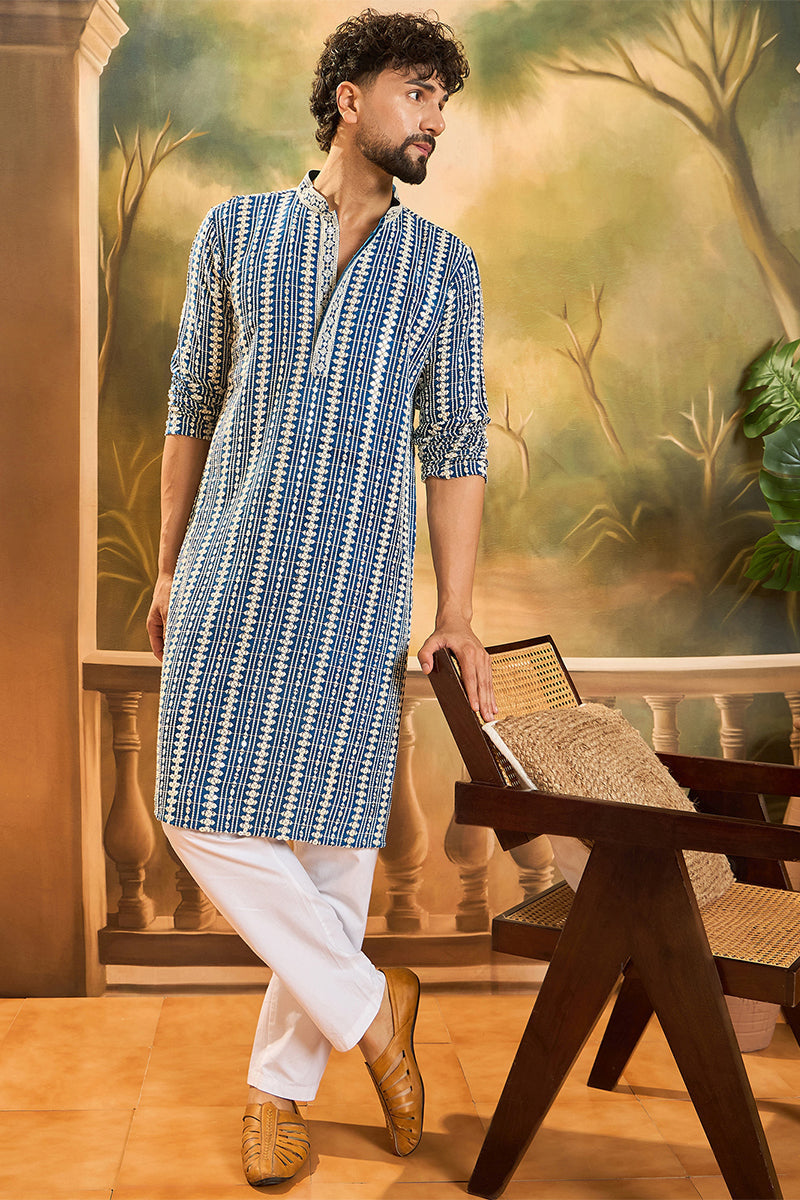 Blue Viscose Rayon Embroidered Straight Kurta | SHOBITAM