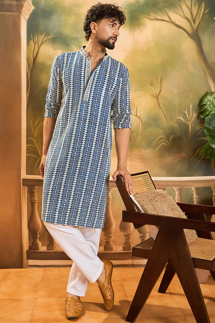 Blue Viscose Rayon Embroidered Straight Kurta | SHOBITAM