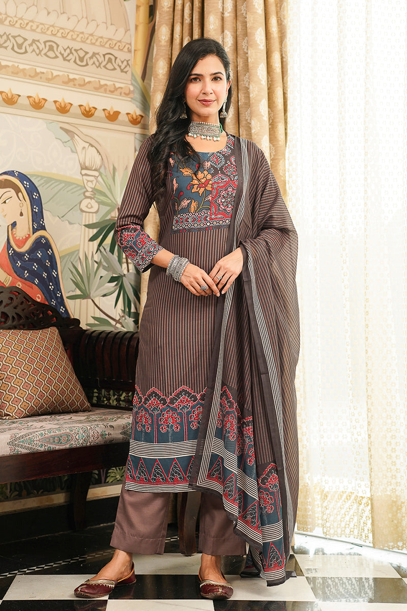 Brown Cotton Blend Ethnic Motifs Printed Straight Kurta Trousers With Dupatta | SHOBITAM