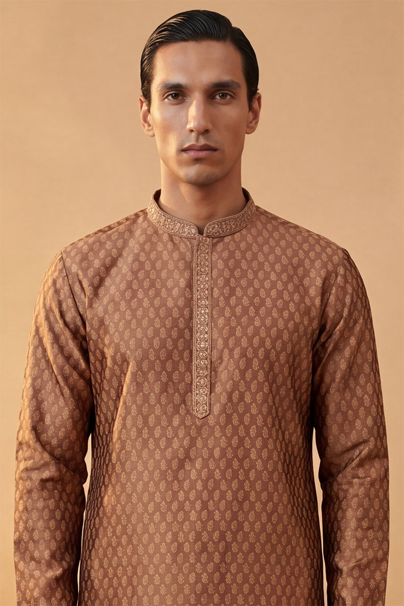 Mens Brown Jacquard Woven Design Straight Kurta With Trouser | SHOBITAM