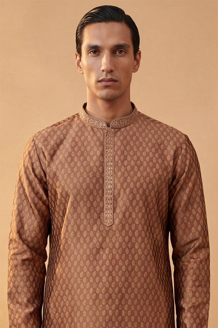 Mens Brown Jacquard Woven Design Straight Kurta With Trouser | SHOBITAM