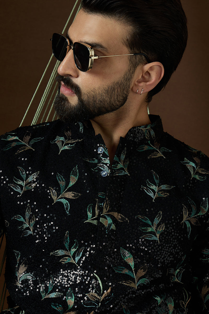 Black Silk Blend Solid Embroidered Straight Kurta | SHOBITAM