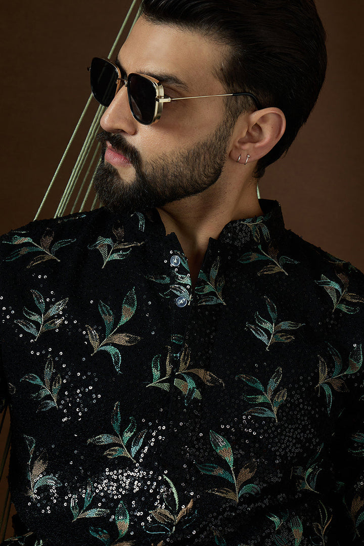 Black Silk Blend Solid Embroidered Straight Kurta | SHOBITAM