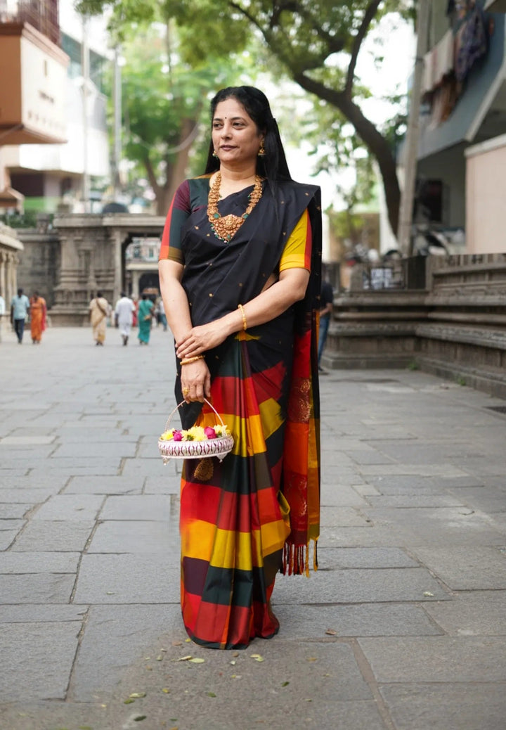 Black Art Silk Saree with Sunset Kattam Checks | SHOBITAM