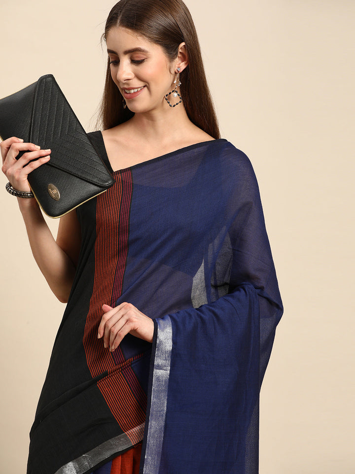 Navy Blue Colour block Cotton Saree with pompoms with Minimal Border No Blouse Piece
