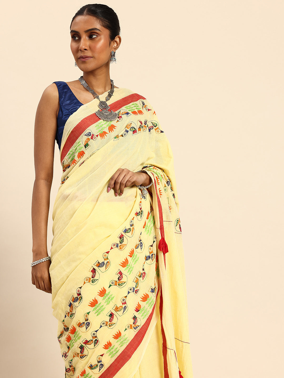 Yellow Red Kantha Stitch Handloom Cotton Saree with Blouse Piece | SHOBITAM