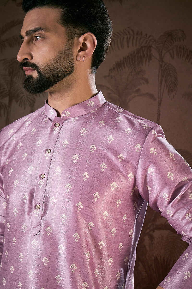 Lavender Silk Blend Floral Printed Straight Kurta For Men | SHOBITAM