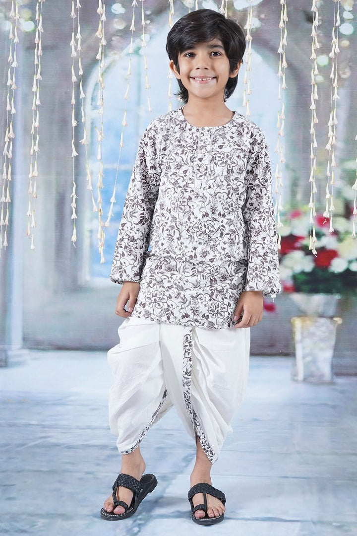 Boys Cotton Full Sleeves Kurta Dhoti with Brown Floral Print and Pearl Buttons - White | SHOBITAM