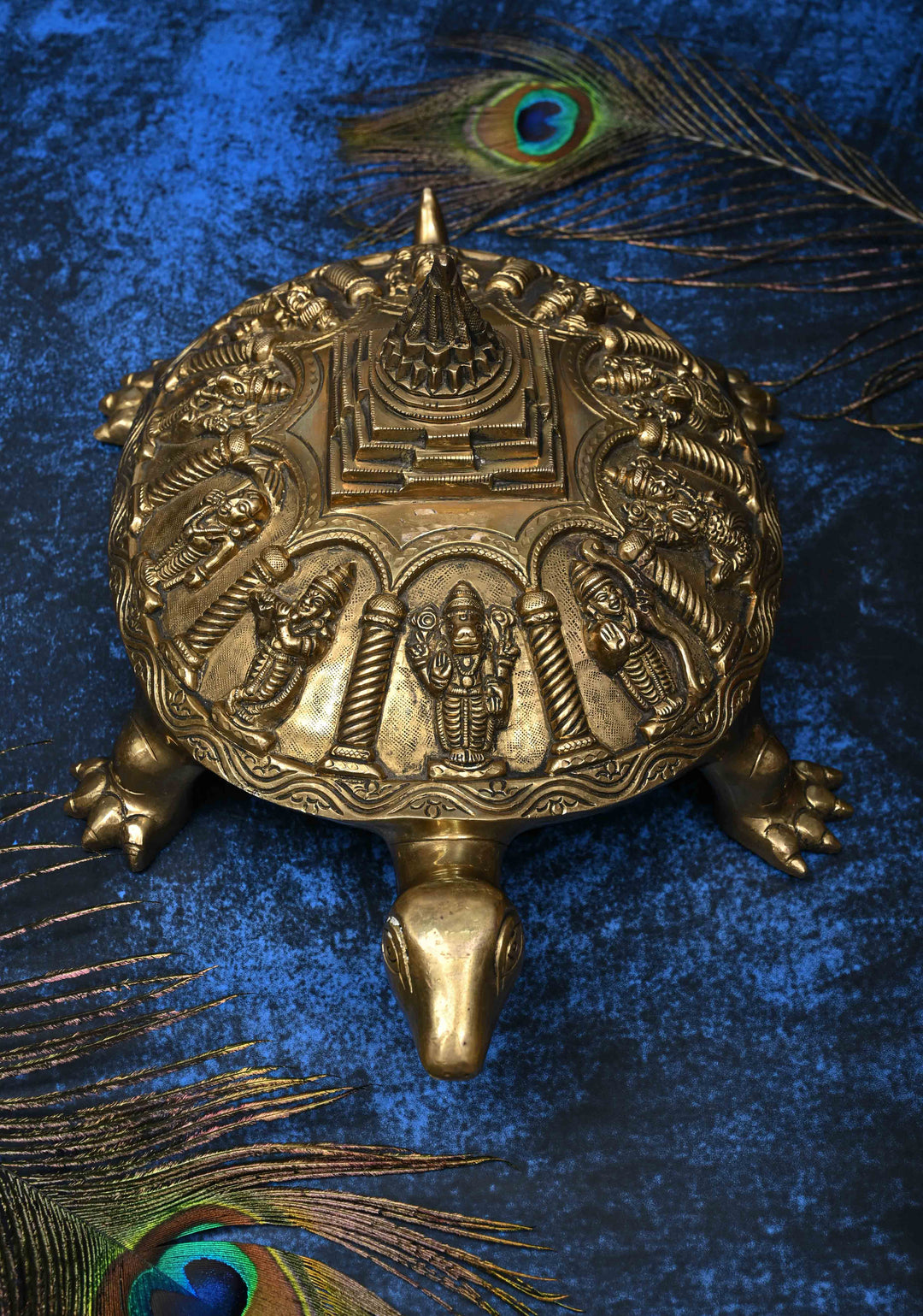 12" Brass Dashavataram Vaastu Turtle for Table Top Decor with 3D Lakshmi Yantra