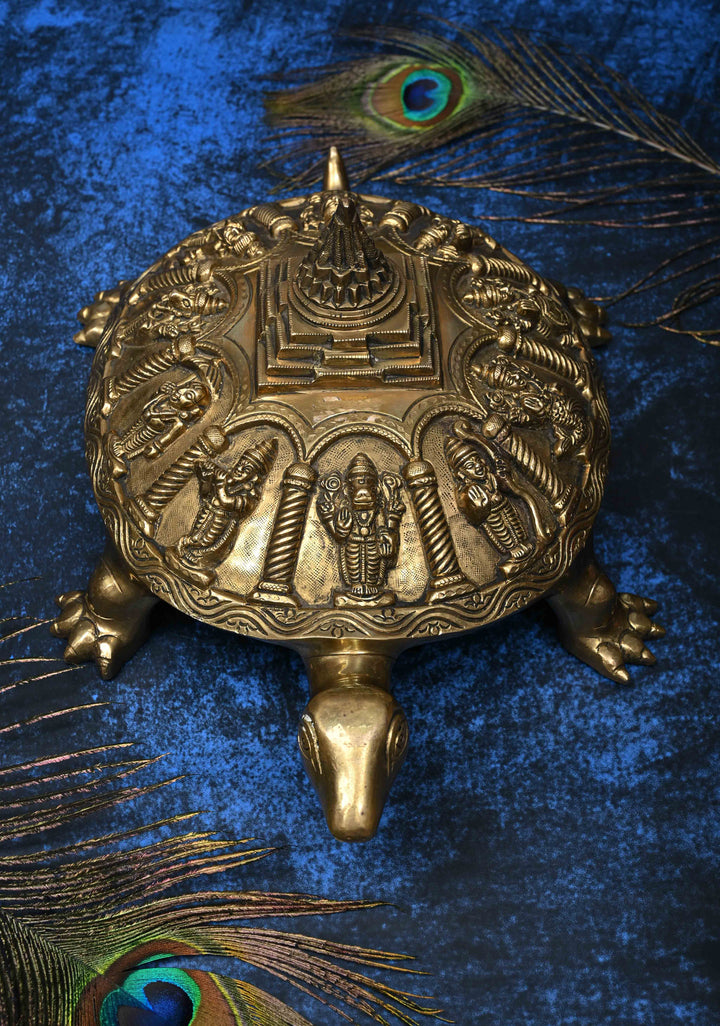 12" Brass Dashavataram Vaastu Turtle for Table Top Decor with 3D Lakshmi Yantra