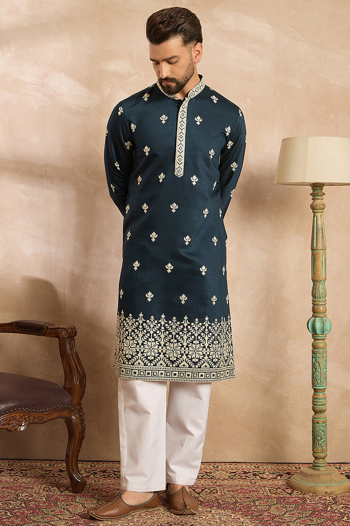 Navy Blue Polyester Solid Embroidered Straight Kurta With Trouser | SHOBITAM
