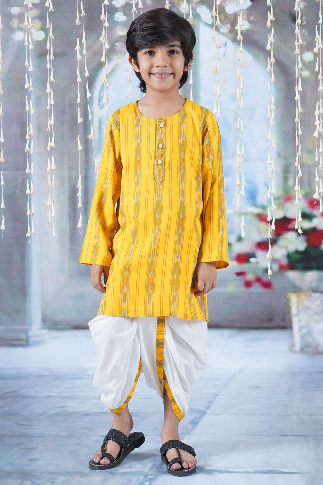 Boys Cotton Full Sleeves Ikat Kurta with Dhoti and Pearl Buttons - Yellow | SHOBITAM