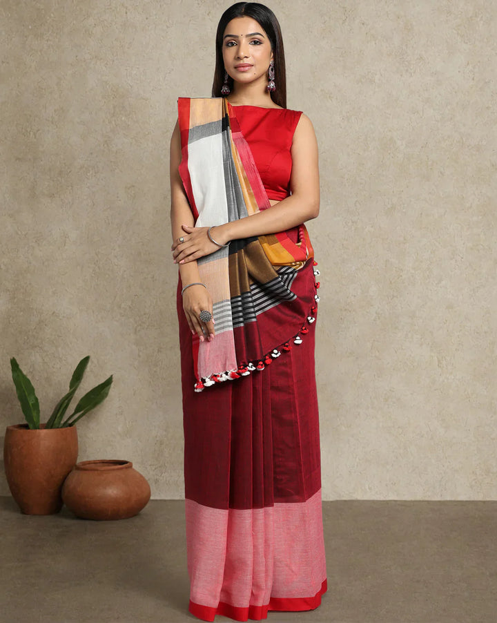 Maroon-Gray Handloom Color Block Cotton Saree