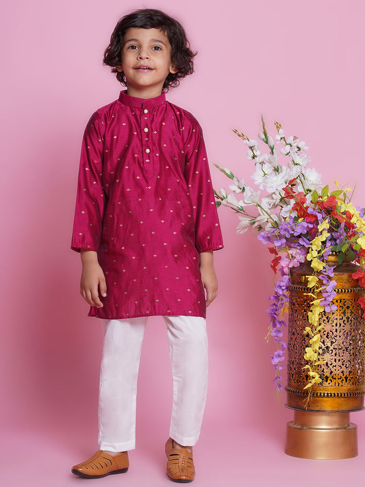 Cotton Silk Full Sleeves Zari Embroidered Kurta with Pyjama - Hot Pink | SHOBITAM