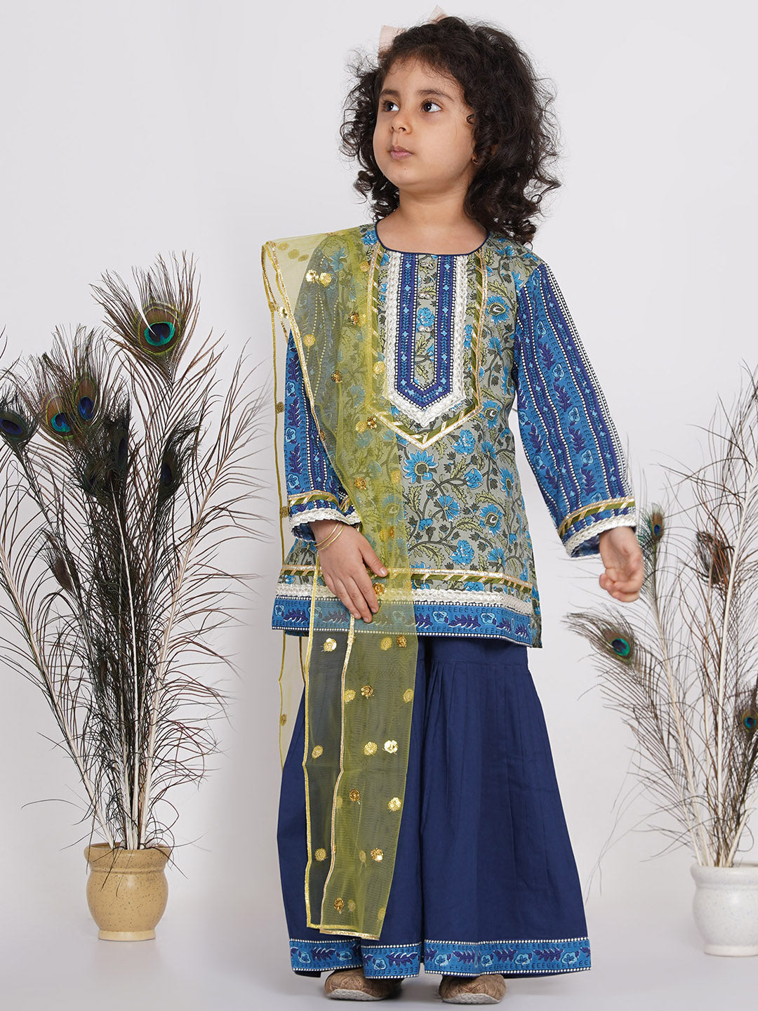 Girls Lacework Floral Kurta with Sharara and Dupatta in Indigo Blue and Green | SHOBITAM