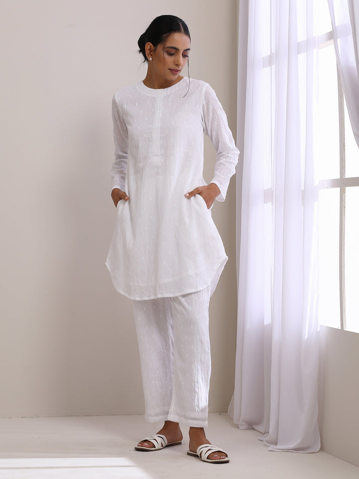 White Dobby Front Placket Co-Ord Set  | SHOBITAM