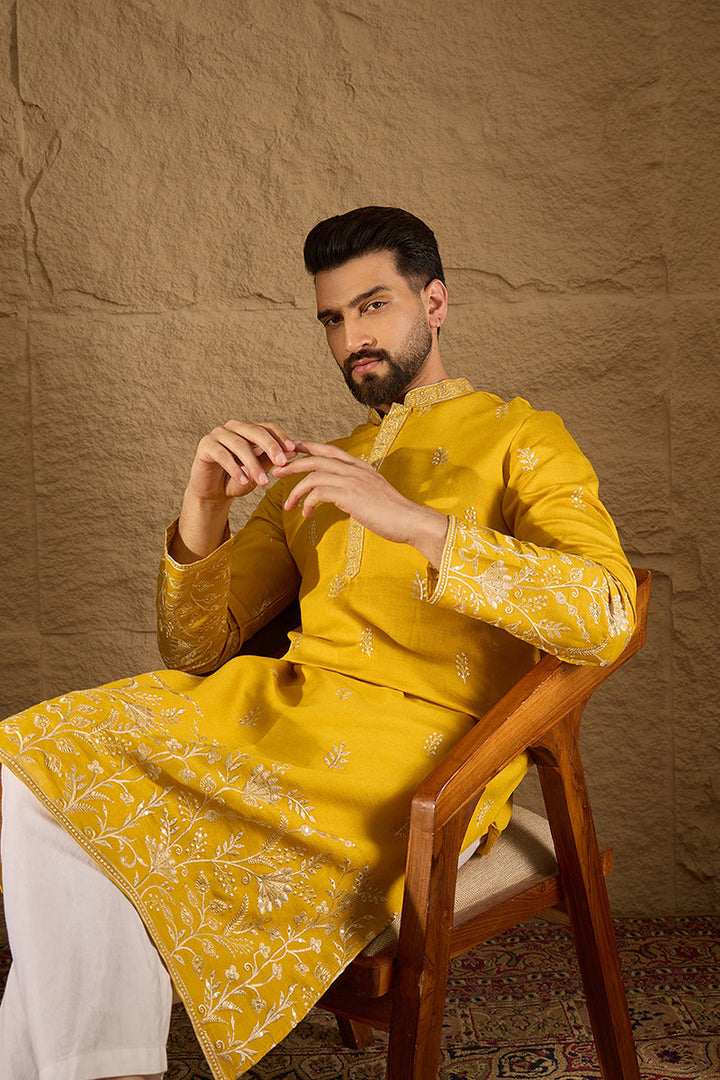 Yellow Chanderi Silk Solid Embroidered Straight Kurta with Trouser | SHOBITAM