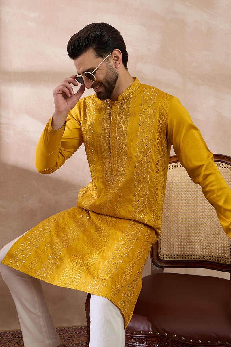 Mustard Silk Blend Embroidered Mandarin Collar Straight Kurta | SHOBITAM