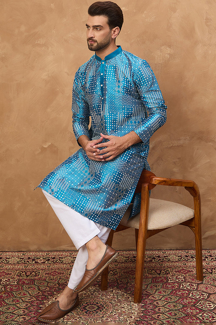 Blue Silk Blend Geometric Printed Straight Kurta  | SHOBITAM