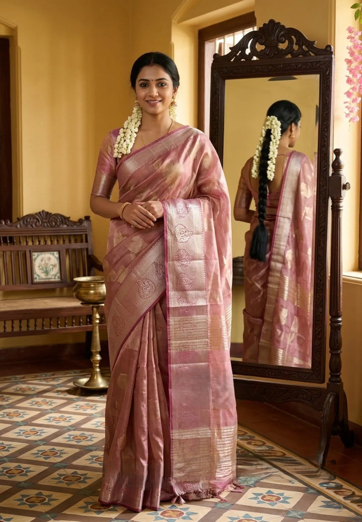 Onion Peach Semi Tussar Saree with Zari detailing | SHOBITAM