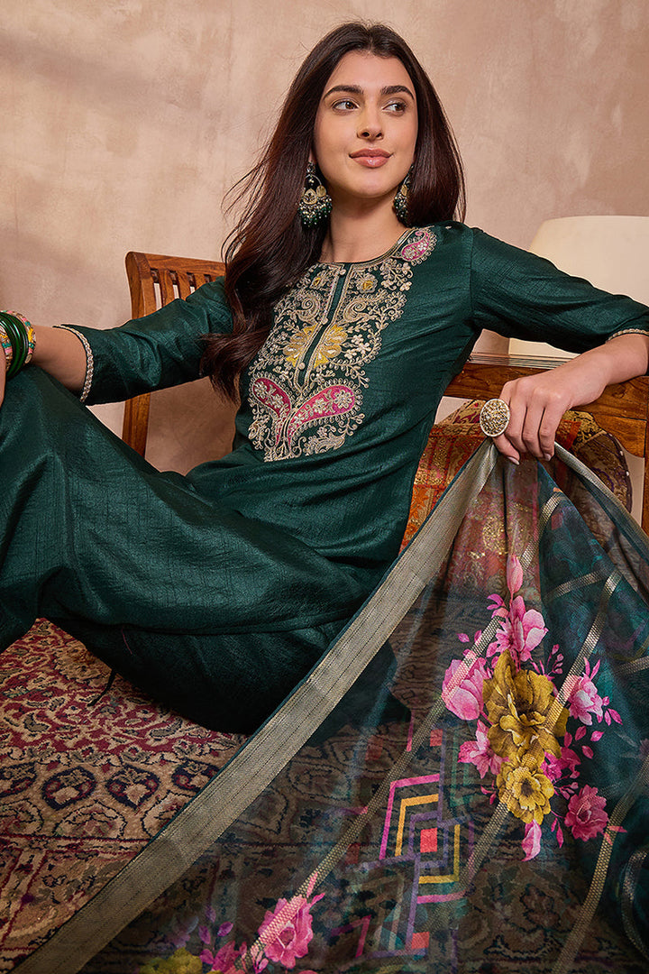 Green Silk Blend Solid Embroidered Straight Kurta Trouser With Dupatta | SHOBITAM