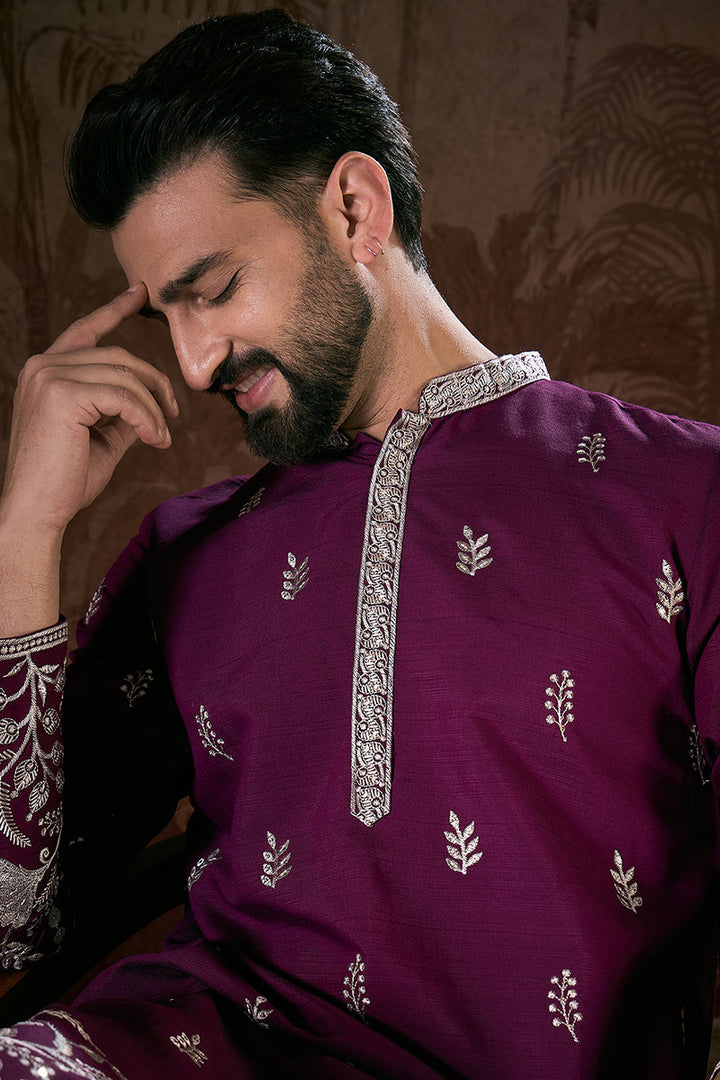Purple Silk Blend Solid Embroidered Straight Kurta With Trouser | SHOBITAM