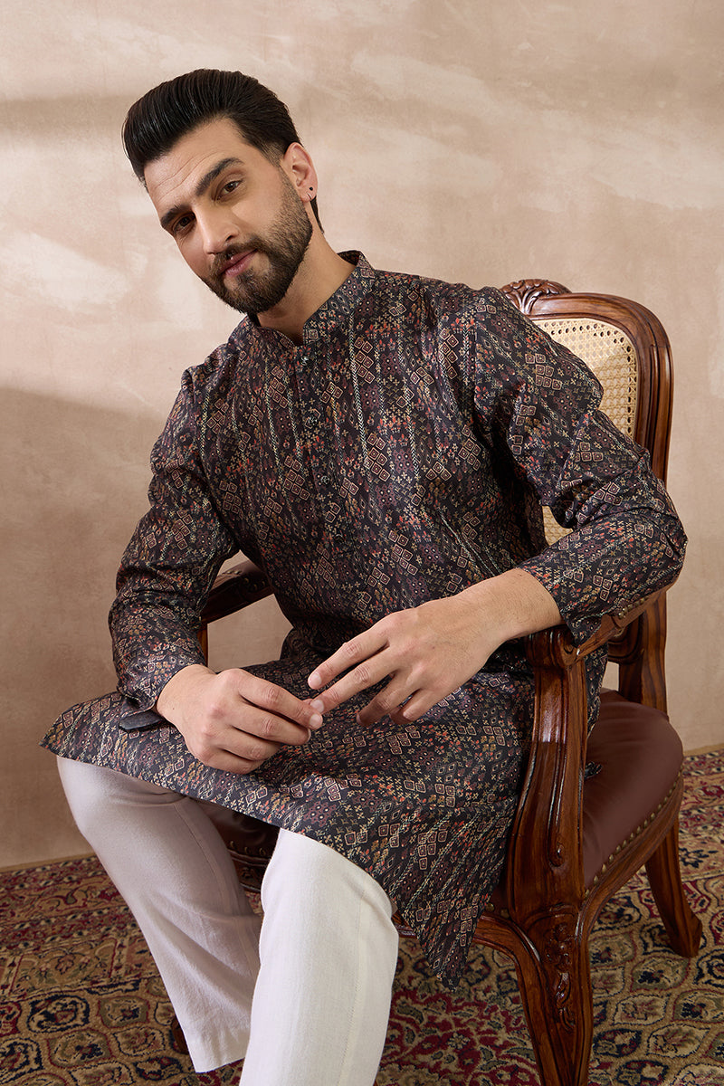 Black Silk Blend Printed Mandarin Collar Straight Kurta With Trouser | SHOBITAM