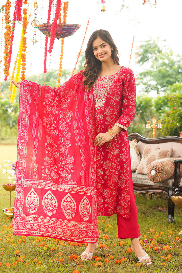 Red Viscose Rayon Floral Embroidered Straight Kurta Trousers With Dupatta | SHOBITAM