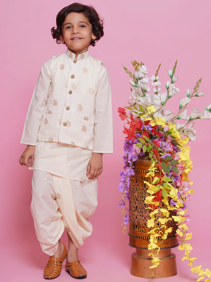 Boys Cotton Full Sleeves Ambi Embrodiery Nehru Jacket with Kurta and Dhoti - Cream | SHOBITAM