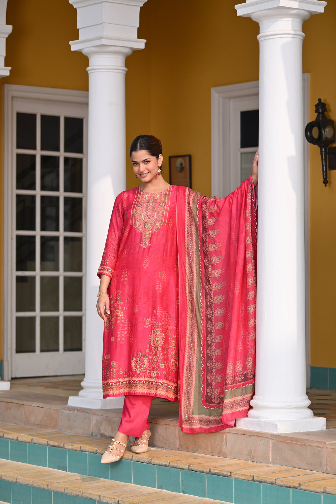 Deep Fuschia Pink Fagun Scallope Work Muslin Suit Set - SET OF-3 | SHOBITAM