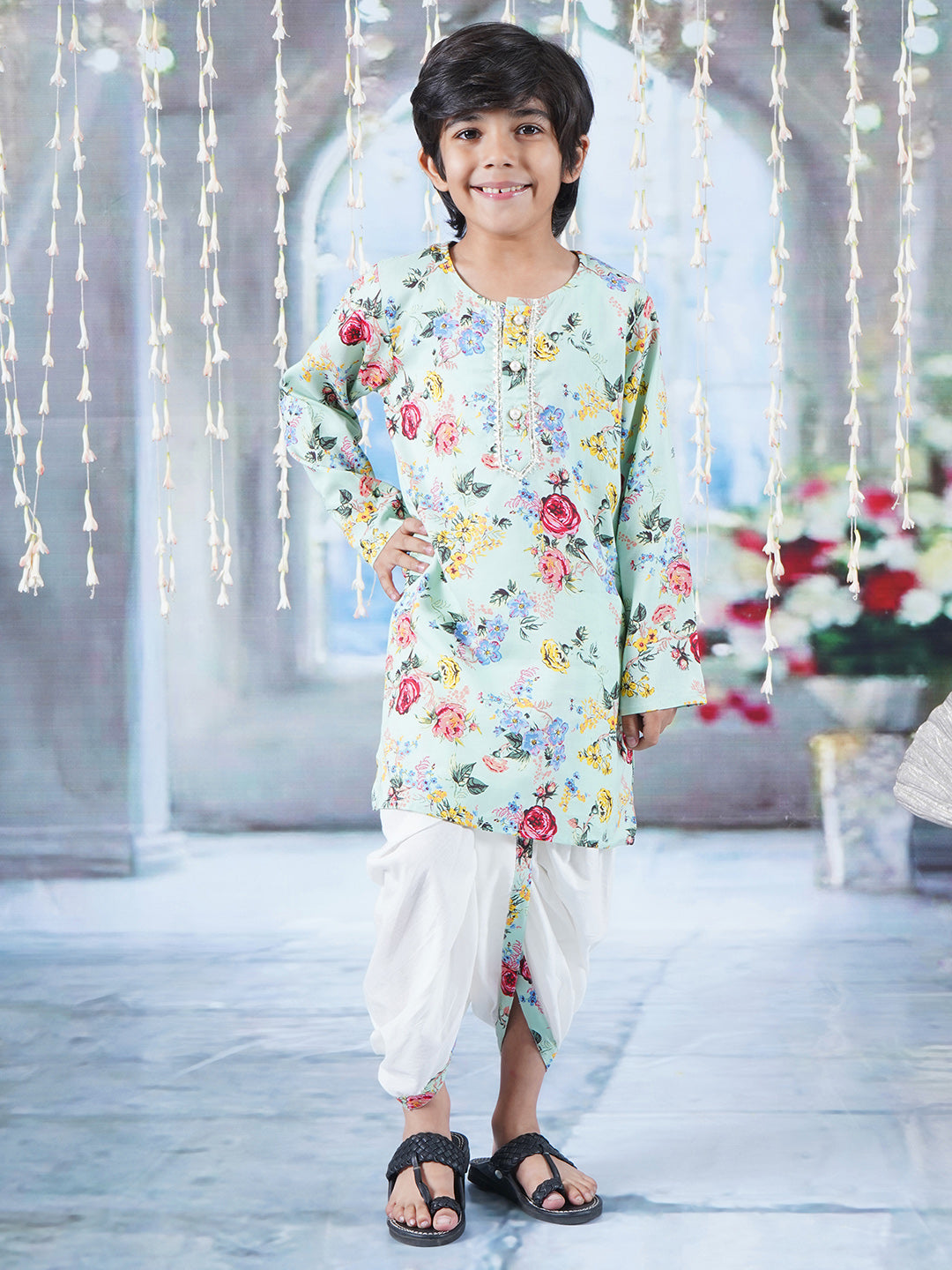 Boys Cotton Full Sleeves Kurta Dhoti with Rose Floral Print and Pearl Buttons - Green  | SHOBITAM