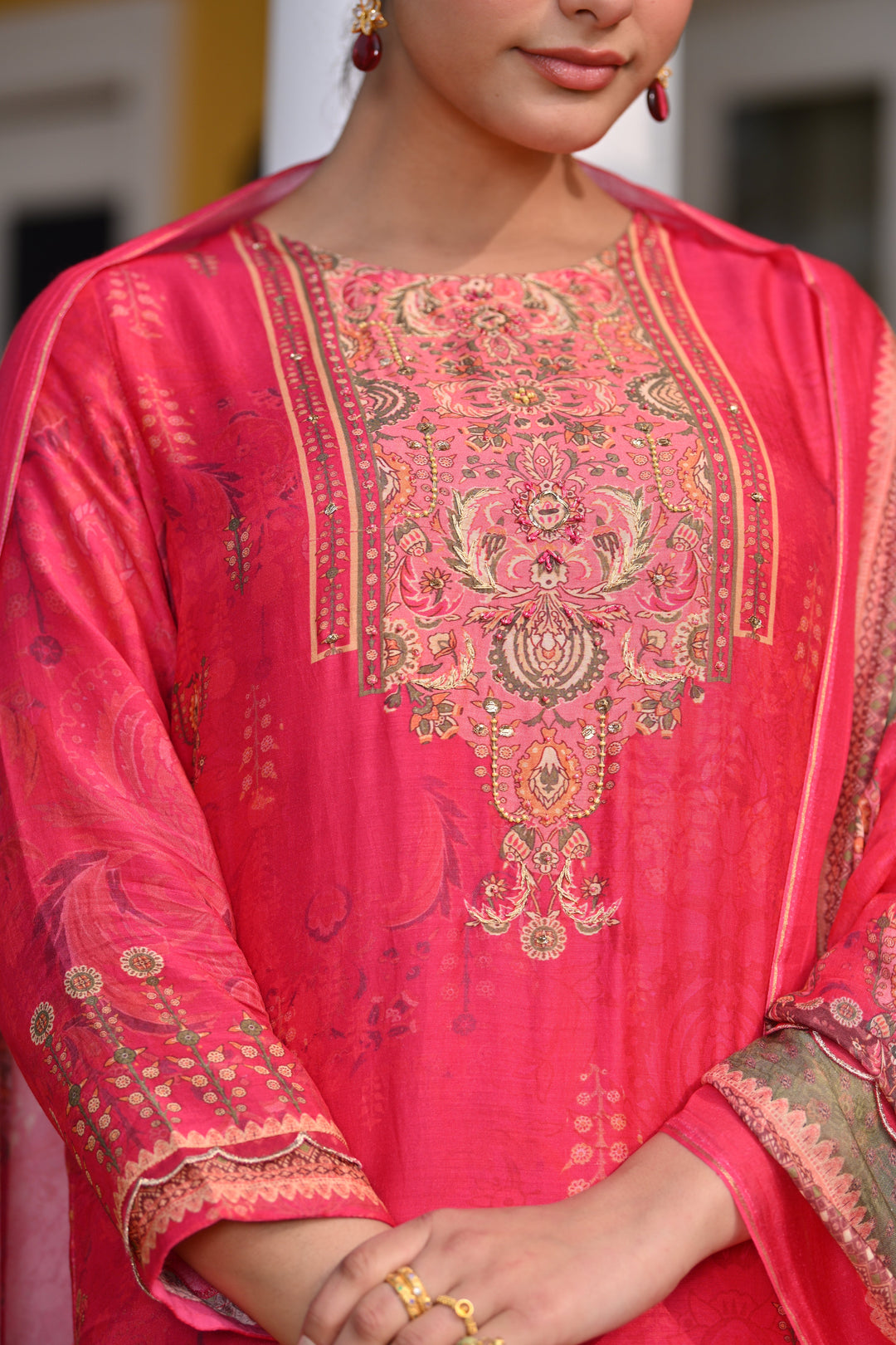 Deep Fuschia Pink Fagun Scallope Work Muslin Suit Set - SET OF-3 | SHOBITAM