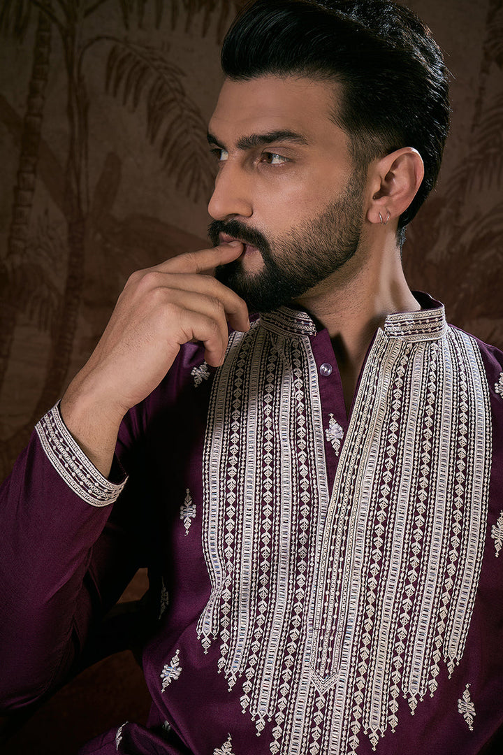 Purple Silk Blend Solid Embroidered Straight Kurta | SHOBITAM