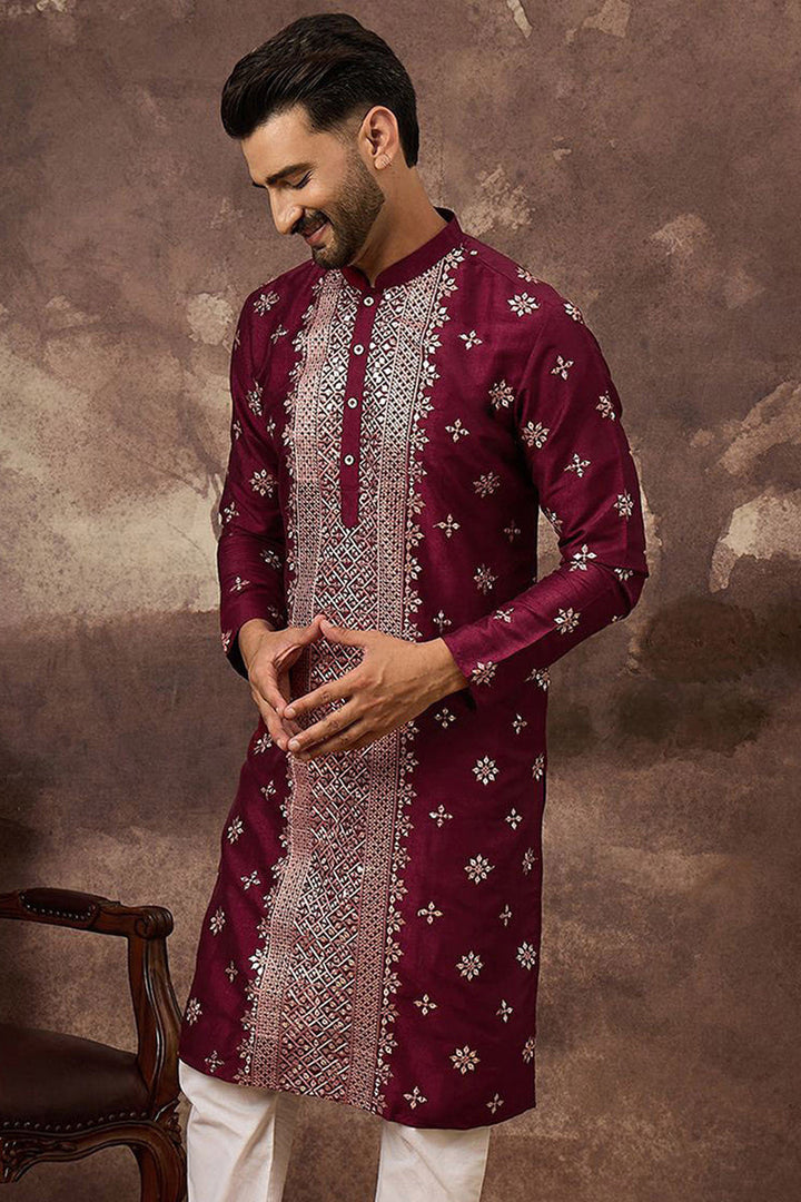 Maroon Silk Blend Solid Embroidered Straight Kurta | SHOBITAM
