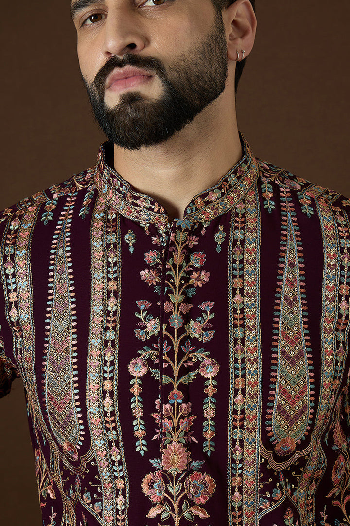 Purple Georgette Solid Embroidered Straight Kurta | SHOBITAM