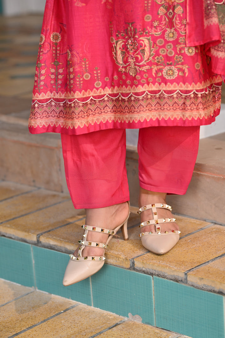 Deep Fuschia Pink Fagun Scallope Work Muslin Suit Set - SET OF-3 | SHOBITAM